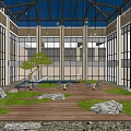 Courtyard Garden Design With Glass Dome Hanging Lights Green Plants Rocks And Wooden Flooring