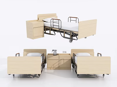 Quality Medical Beds with Wheels Safety Rails and Wooden Bedside Cabinets 3d model