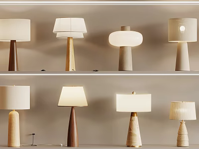 Various Modern Table Lamps With Wooden Bases And Fabric Shades On Shelves 3d model