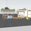 Outdoor Grocery Store Stall Display With Flowers Fruits Wooden Crates And Colorful Flags