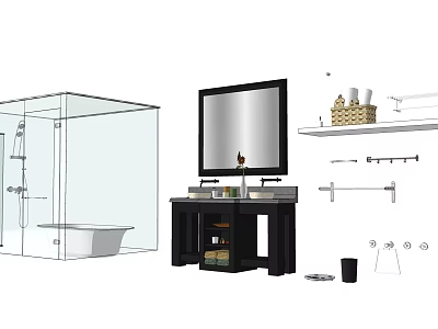 Modern Bathroom Vanity With Large Mirror Shelf Toiletries Shower Cabin And Bathtub 3d model