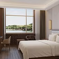 Hotel Guest Room With Large Bed White Bedding Wooden Furniture And Lake View Window