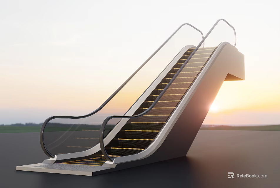 Modern Escalator with Metal Handrails and Yellow Striped Steps Against Sunset Sky 3d model 