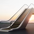 Modern Escalator with Metal Handrails and Yellow Striped Steps Against Sunset Sky