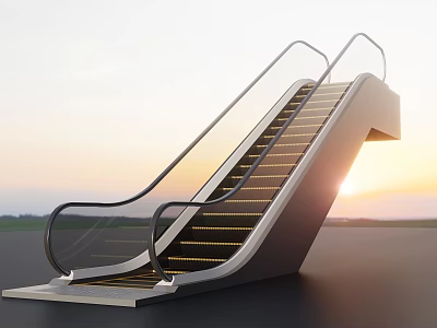 Modern Escalator with Metal Handrails and Yellow Striped Steps Against Sunset Sky 3d model