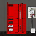 Stylish Red Wardrobe Featuring Louvered Doors And Internal Stacked Clothes Shelves