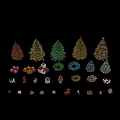 Christmas Decorations Collection With Various Trees Gift Boxes Wreaths And Ornaments