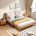 Double Bed in Cozy Bedroom with Wooden Frame Nightstand Wall Paintings and Curtains