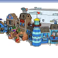 Vibrant Coastal Themed Buildings With Lighthouse Marlin Decor And Colorful Signs