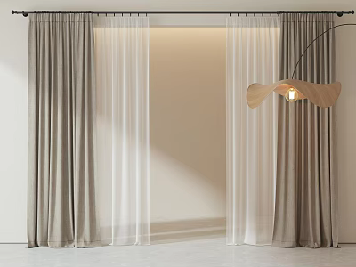 Modern Layered Curtains with Beige Drapes and White Sheer Panels on Rod 3d model