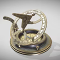 Vintage Brass Sundial With Intricate Scales And Decorative Structure On Circular Base