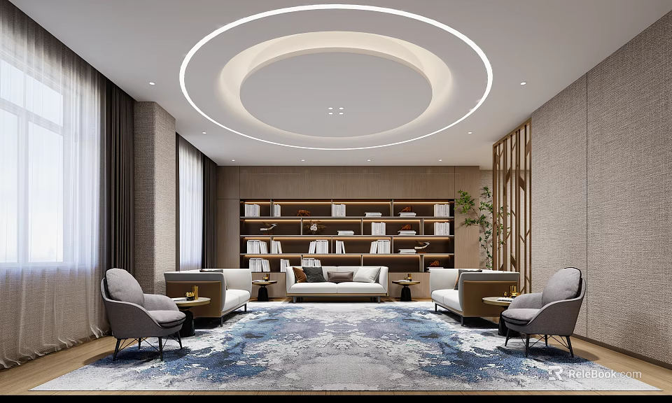 Modern Hotel Public Lounge Area With Circular Ceiling Light Bookshelves Sofas And Patterned Rug 3d model 