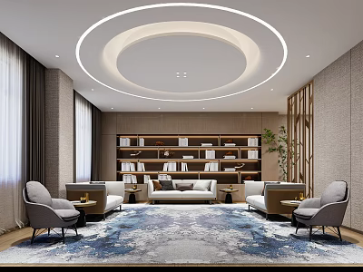Modern Hotel Public Lounge Area With Circular Ceiling Light Bookshelves Sofas And Patterned Rug 3d model