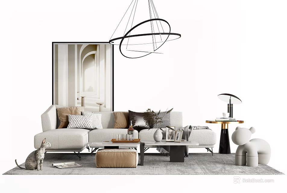 Modern Beige Sofa And Coffee Table Set With Throw Pillows And Decorative Rug 3d model