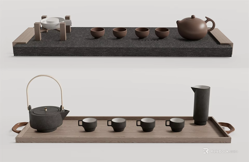Minimalist Ceramic Tea Set With Teapot Four Teacups And Wooden Tray 3d model 