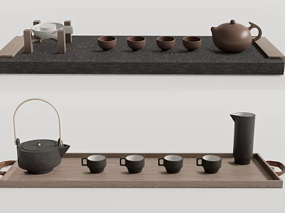 Minimalist Ceramic Tea Set With Teapot Four Teacups And Wooden Tray 3d model