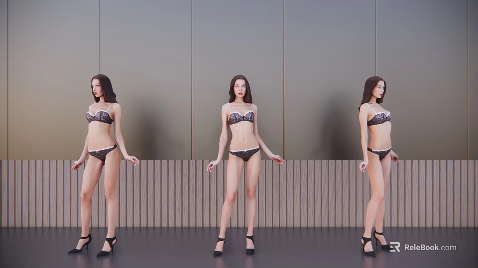 Three Women In Bikini With High Heels Posing By Gray Wall And Wooden Trim 3d model 