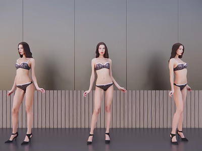 Three Women In Bikini With High Heels Posing By Gray Wall And Wooden Trim 3d model