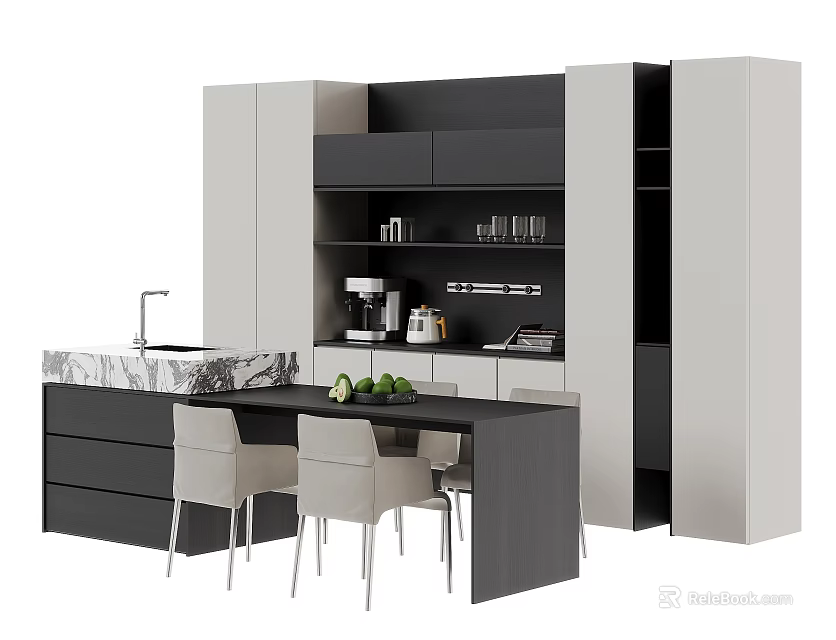 Modern Kitchen Dining Table Set With Black White Marble Countertop And Chairs 3d model