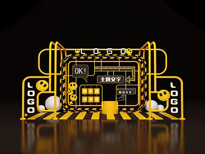 OK Themed Box Display With Yellow Frame Black White Checkered Floor And Decorative Balls 3d model