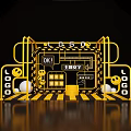 OK Themed Box Display With Yellow Frame Black White Checkered Floor And Decorative Balls