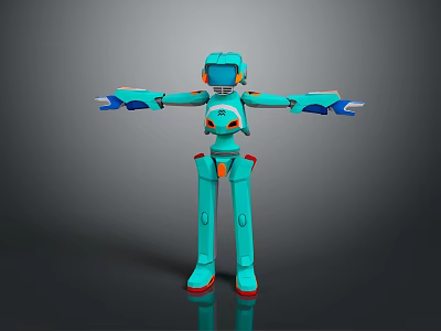 Turquoise Robot Character With Orange Details Red Feet Standing Arms Outstretched 3D Model Pose 3d model