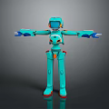 Turquoise Robot Character With Orange Details Red Feet Standing Arms Outstretched 3D Model Pose