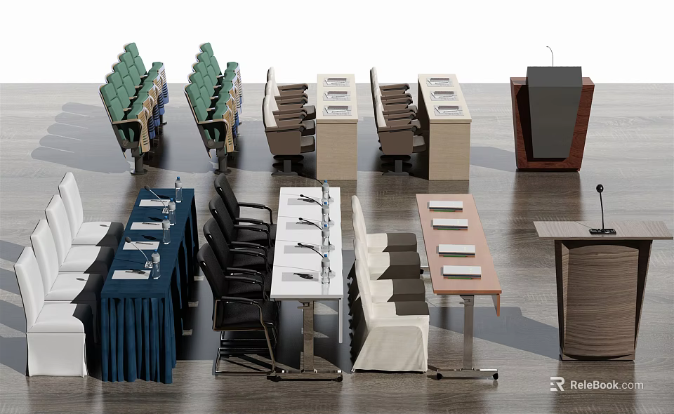 Conference Table Setup With Chairs Podium Microphone And Blue White Tablecloths 3d model 