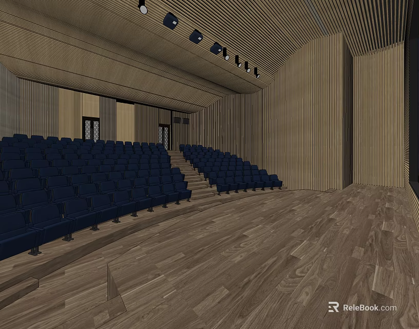 Modern Conference Room With Wooden Walls Blue Seats And Spacious Interior 3d model 