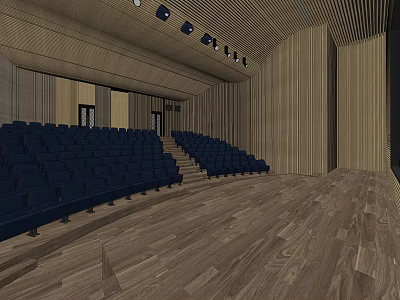 Modern Conference Room With Wooden Walls Blue Seats And Spacious Interior 3d model