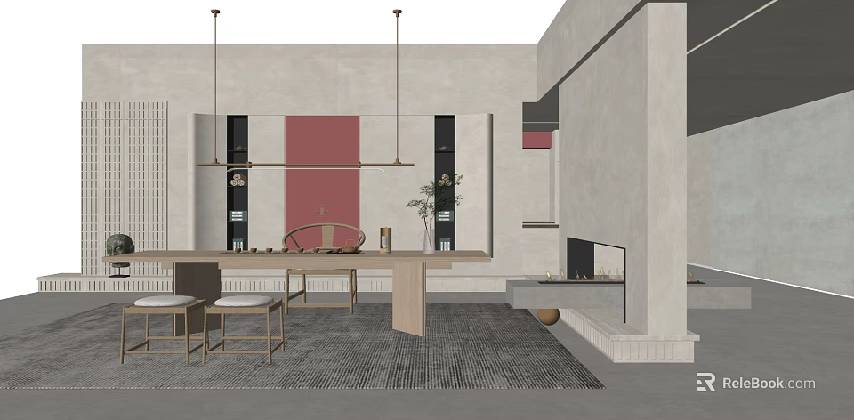 Modern Tea Table And Chairs In Minimalist Interior With Pendant Lights And Carpet 3d model 