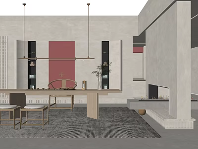 Modern Tea Table And Chairs In Minimalist Interior With Pendant Lights And Carpet 3d model