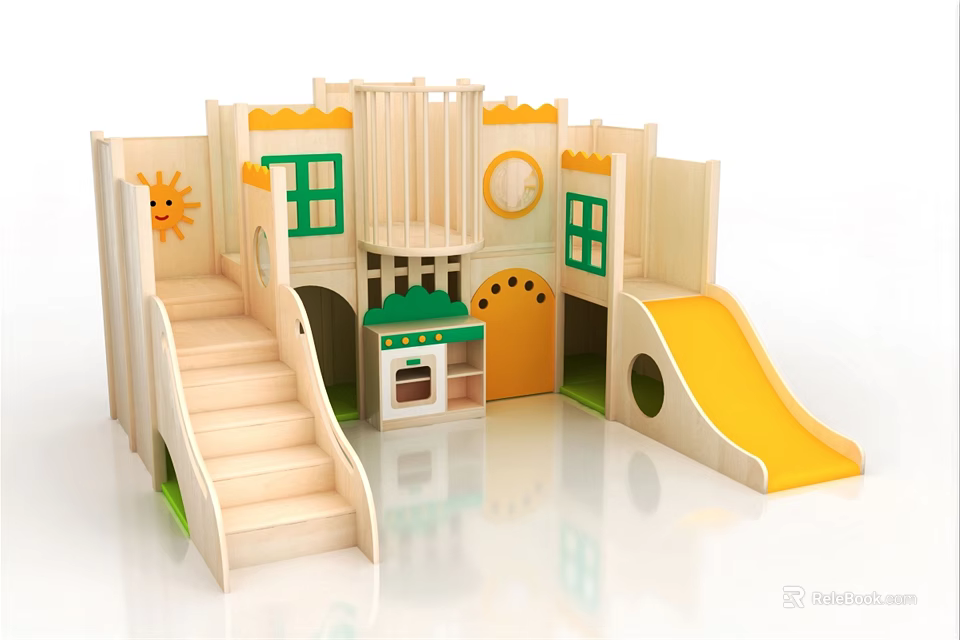 Wooden Indoor Children Play Equipment With Slide Stairs Castle Design And Colorful Windows 3d model 
