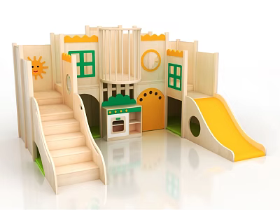 Wooden Indoor Children Play Equipment With Slide Stairs Castle Design And Colorful Windows 3d model