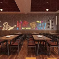 Modern Restaurant Interior Featuring Wooden Tables Chairs Colorful EAT WINE Wall Graffiti And Pendant Lights