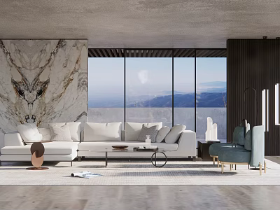 Modern Living Room Sofa and Coffee Table Set With White Sectional Pillows Blue Accent Chair 3d model