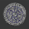 Futuristic Circular Silver Structure Made Of Small Squares With Blue Lines And Reflective Base