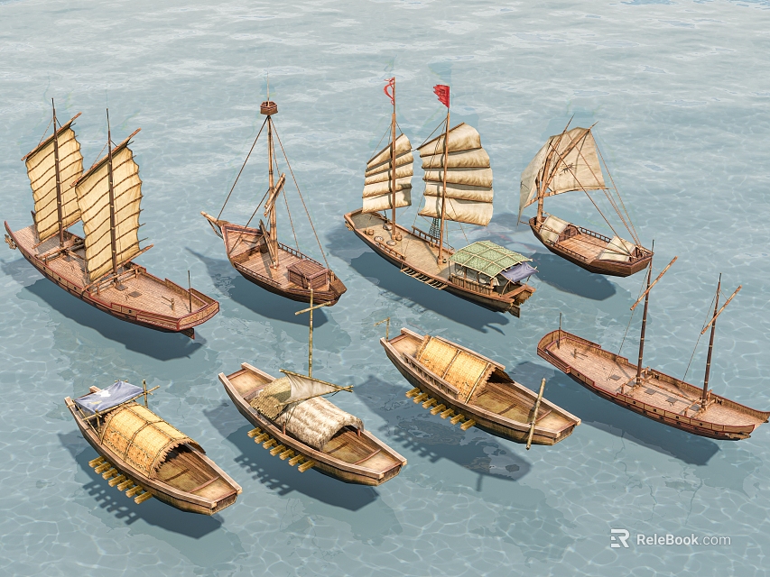 Wooden Boats with Traditional Sails and Diverse Designs on Calm Water 3d model 