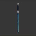 Fantasy Sword Weapon with Blue Blade Ornate Hilt and Gemstone Decoration