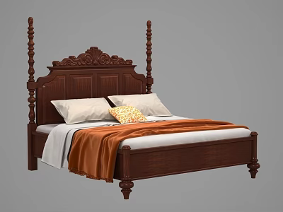 Wooden Double Bed with Carved Headboard Tall Poster White Pillows and Orange Blanket 3d model