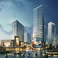 Modern Commercial Street With High Rise Buildings Pedestrian Square Crowded People And Evening Lights