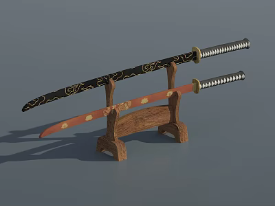 Traditional Japanese Katana Sword Displayed On Wooden Stand With Golden Decorations And Silver Blade 3d model