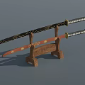 Traditional Japanese Katana Sword Displayed On Wooden Stand With Golden Decorations And Silver Blade 3d model