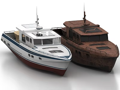 Two Elegant Yachts Featuring White Blue Striped and Brown Wooden Hulls 3d model