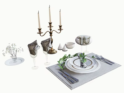 Elegant Dinnerware Set With Candelabra Wine Glasses Folded Napkins And Green Leaf Decor 3d model