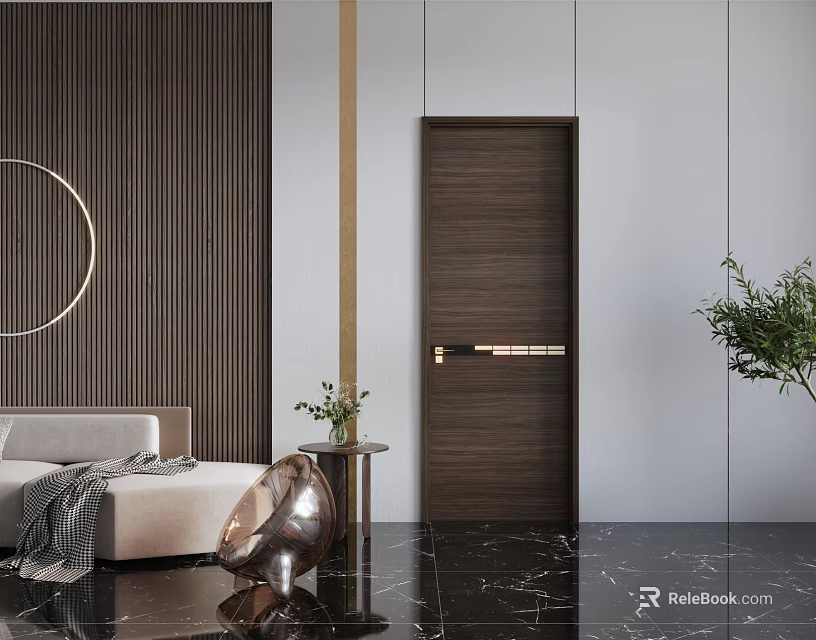 Modern Interior Dark Brown Hinged Door With Decorative Wall And Marble Floor 3d model 