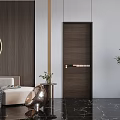 Modern Interior Dark Brown Hinged Door With Decorative Wall And Marble Floor