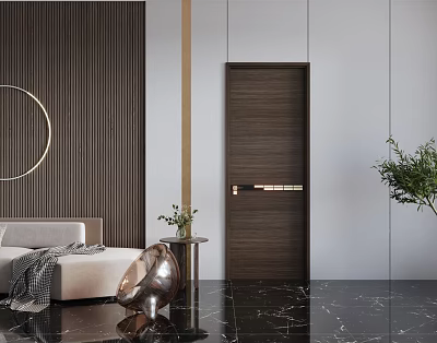 Modern Interior Dark Brown Hinged Door With Decorative Wall And Marble Floor 3d model