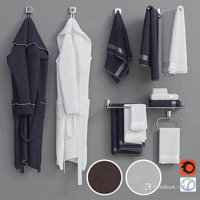 Soft Bath Linens Including Robes Towels And Towel Racks With Dark White Color Options 3d model 