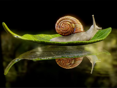 Reptile Resting On Green Leaf With Calm Water Reflection In Natural Habitat 3d model